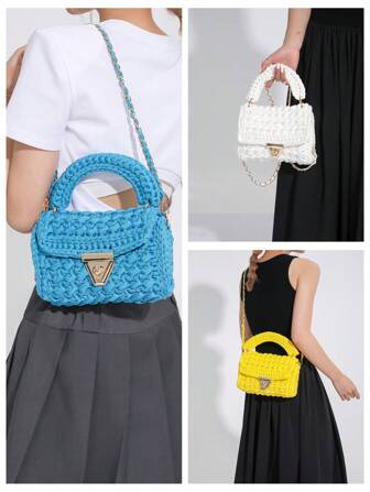 1pc Handmade Crochet Solid Color Women's Shoulder Bag, Crossbody Bag, Tote Bag, Versatile And Fashionable, Punk Retro Style With Detachable Chain Strap, Can Be Given As A Gift To Friends