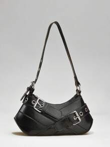 女士全装备拉链腋下钱包，合成皮革腋下女包，黑色皮带装饰时尚单肩腋下摩托车包 - 黑色 - 查看 1