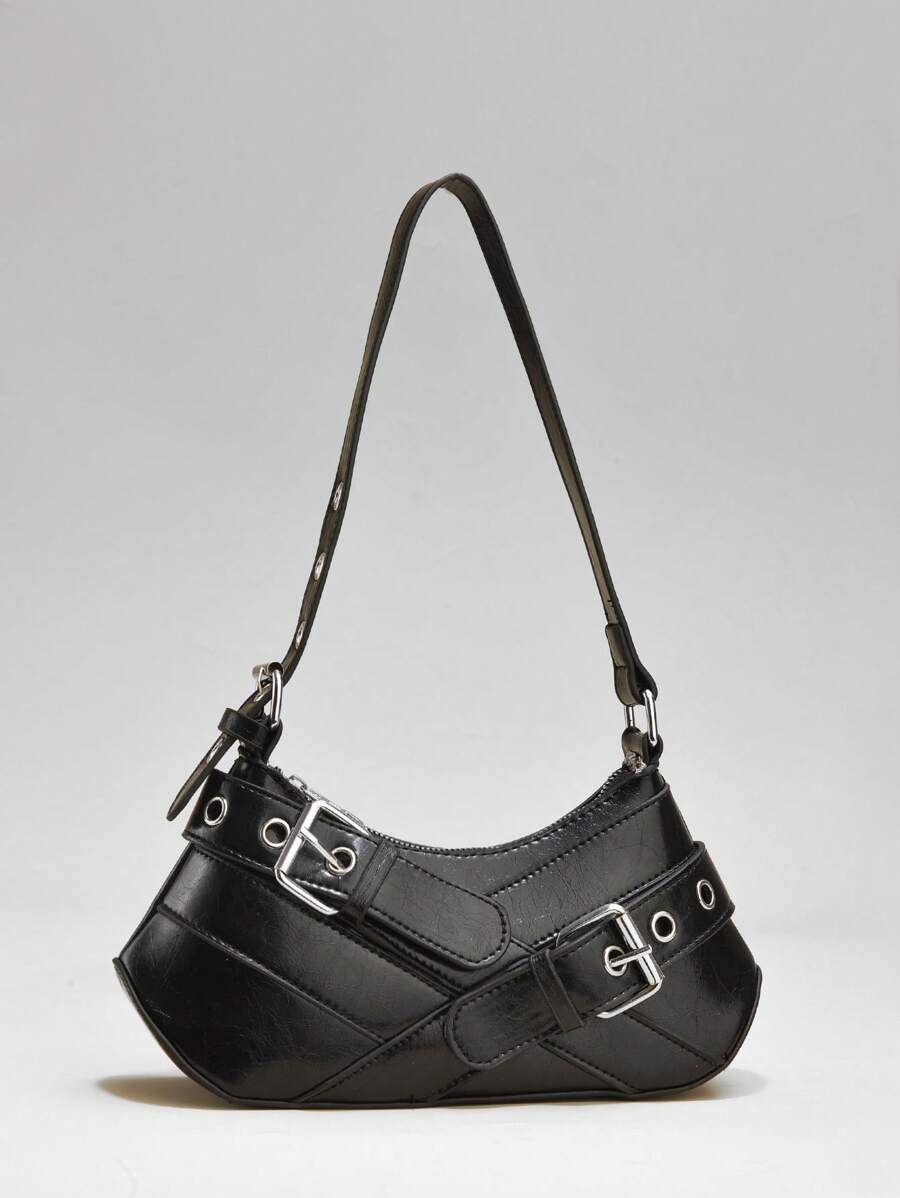 女士全装备拉链腋下钱包，合成皮革腋下女包，黑色皮带装饰时尚单肩腋下摩托车包 - 黑色 - 查看 1