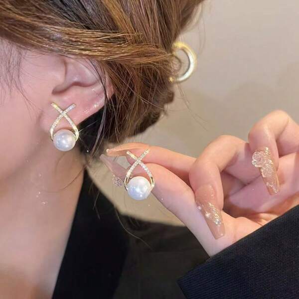 French Criss-Cross Pearl Stud Earrings, Luxury Chic Personalized Earrings