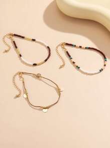 3pcs/Set Bohemian Style Multi-Layer Beaded Beach Anklet, Decorated With Seashells, Suitable For Casual Summer Style - Multicolor 3 Pieces - View 2