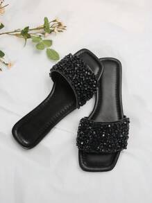 Sandales plates avec ornements en cristal, style coréen. Nouvelles sandales d'été élégantes pour femmes, à porter à l'extérieur, avec strass et design ouvert sur le bout - Noir - Voir 6