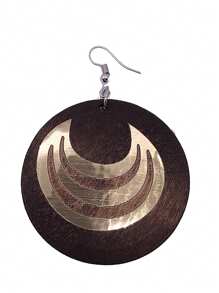 1 Pair Vintage Round Gold Foil Wooden Drop Earrings, Wooden Earrings, African Boho Style Earrings, Gift For Women (Random Style)