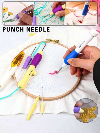 Set multi-pièces pour kit d'outils de punch needle à broderie manuelle DIY, comprenant 1 punch needle à longueur fixe, 1 punch needle interchangeable et 1 paire de ciseaux recouverts de couleur aléatoire