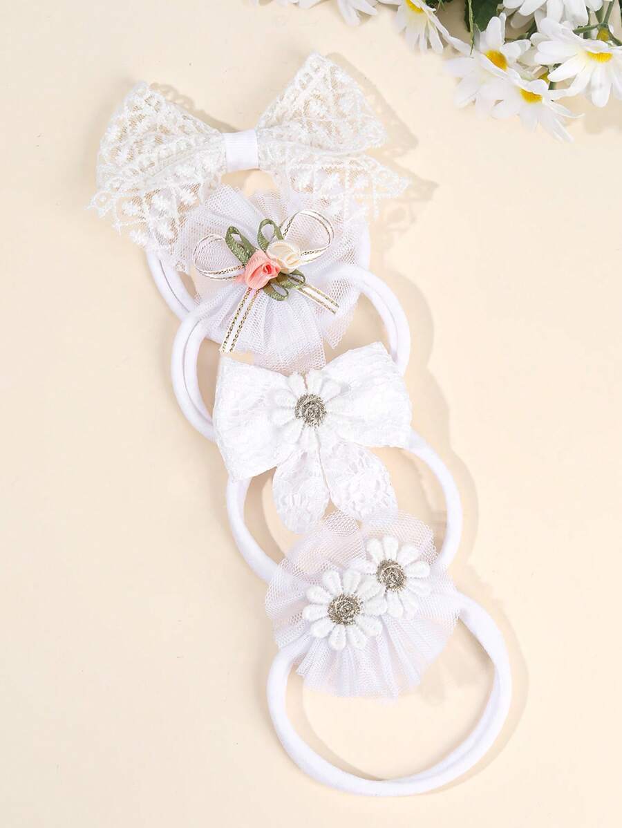 4pcs White Lace Bow Headband Baby Headband Daisy Lace Bow Hairband Wedding Elegant Headband For Toddler Girls, Infant, Newborn, Kids Baby Hair Accessories - White - View 1