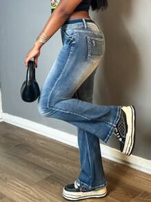 Women's Stretch Flare Jeans High Waisted Bootcut Denim Pants With Double Button & Zip Closure, Retro 70s Vintage Style Slimming Elastic Jeans For Casual & Party Wear - Rửa tối - Xem 5