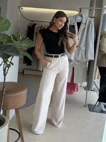 Plain Fkmoda Palazzo Pants - 沙灘色 - 查看 1