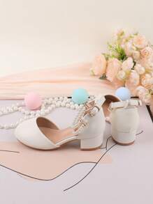 女童珍珠装饰花童婚礼派对芭蕾舞粗跟高跟礼服,舞蹈演奏鞋,钩环花卉日常休闲鞋,适合大中小童 - 白色 - 查看 5