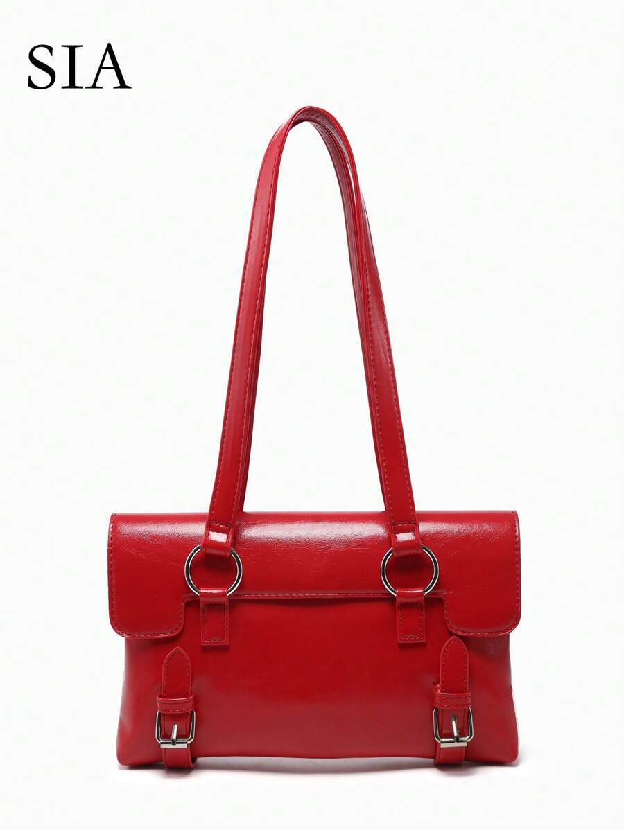 1 pieza Bolso de hombro cruzado casual de mujer con estilo de calle vintage Y2K, decoración de metal de múltiples correas, gran capacidad, adecuado para salidas, citas, fiestas - Rojo - Ver 1