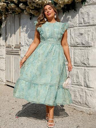 Simplee Plus Size Women's Summer New Mesh Floral Print Lace Trim Patchwork Sleeveless Dress, Elegant Wedding Guest Dress, 4th Of July, Birthday Dress