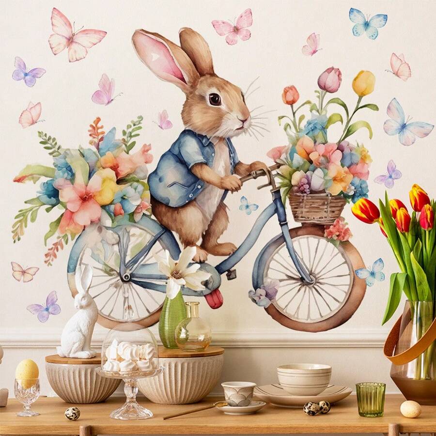 复活节创意自行车花卉兔子墙贴艺术，复活节春季花卉海报印刷艺术，儿童房、卧室、客厅、餐厅、浴室、书房、厨房、办公室、酒店、咖啡厅、酒吧、公寓、工作室等主房间墙壁装饰的节日礼物
