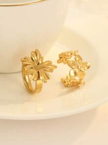 Onelike 2pcs Stainless Steel Exaggerated Vintage Gold Flower Shaped Rings, Closed Version With Selectable Sizes, Open Version Adjustable Fits All, Suitable For Women Everyday Wear Or Gift - Yellow Gold - View 2