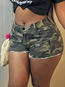 Women's Stretch Camo Mini Cargo Shorts With Pockets - High Waist Denim Shorts For Women, Stretchable Comfort Fit, Stylish Casual Summer Shorts - 軍綠色 - 查看 6