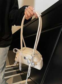 1pc Fashion Red PU Leather Handbag Shoulder Sling Pillow Bag With Lace Bow Decor, Unique Mini Bowlling Ball Bag, Comes With Charm