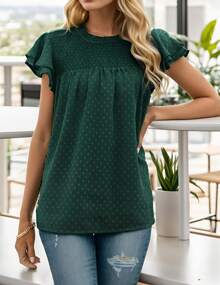 SANOPY Womens Blouses,Blouses For Women Dressy Casual,Going Out Tops For Women,Women's Crew Neck Lace Crochet Pom Pom Flowy Short Sleeve Casual Shirt Top - 綠色 - 查看 3