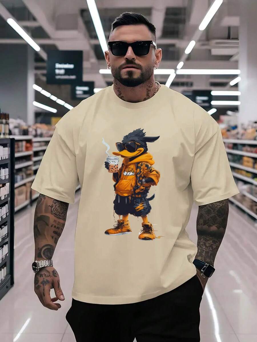 大码男士夏季卡通小鸭子印花圆领短袖休闲 T 恤