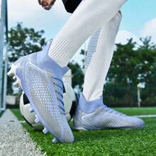 男女足球鞋，TF 场地可拆卸鞋钉，学生和成人训练鞋，防滑人造草场地，皮革专业青年足球鞋，高帮黑色现货 - 紫色 - 查看 4