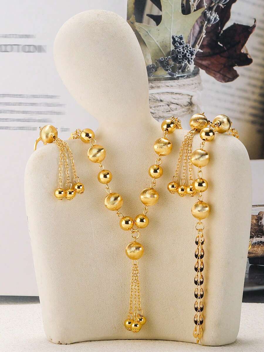 4pcs/Set Retro Style Tasseled Pendant Necklace, Earrings, Bracelet Fashion Jewelry Set - LNS0757 - View 1