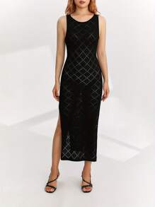 Women Wrapped Dresses, Round Neck Sleeveless Cutout Knitting Solid Midi Party Street Summer Dress - Black - View 6