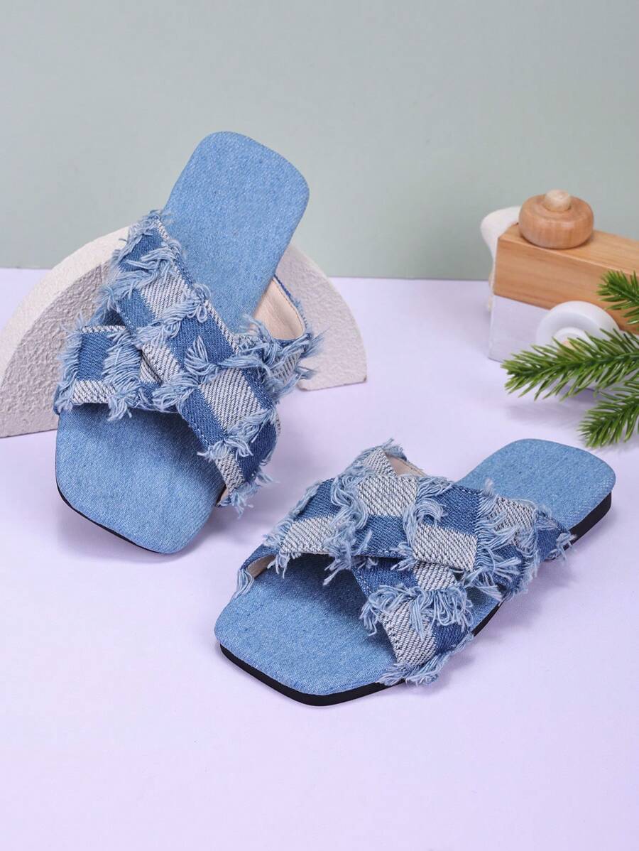 New Girls' Square Toe Denim Slides Sandals, Comfortable For Outdoor And Indoor Wear, Summer - Blue - View 1