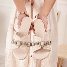 Summer Fashion Versatile Rhinestone Decor Flat Sandals - Beige - View 2