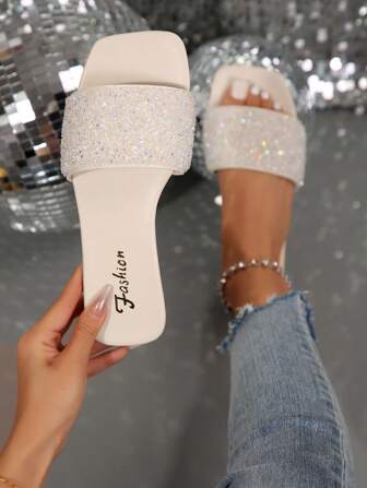 Koreansk stil Kristalldekor Platta Slidesandaler För Kvinnor, Utomhuskläder sommar, Fyrkantig Tå, Rem, Modetofflor