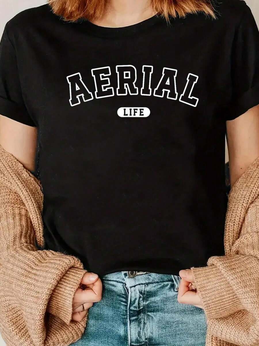 Retro Aerial Life, Love Aerial Hoop, Aerialist Gifts Ideas T-Shirt Print Crew Neck T-Shirt For Summer, Women's Soft Short Sleeve Top, Stylish Comfy Tee For Women Graphic Tees