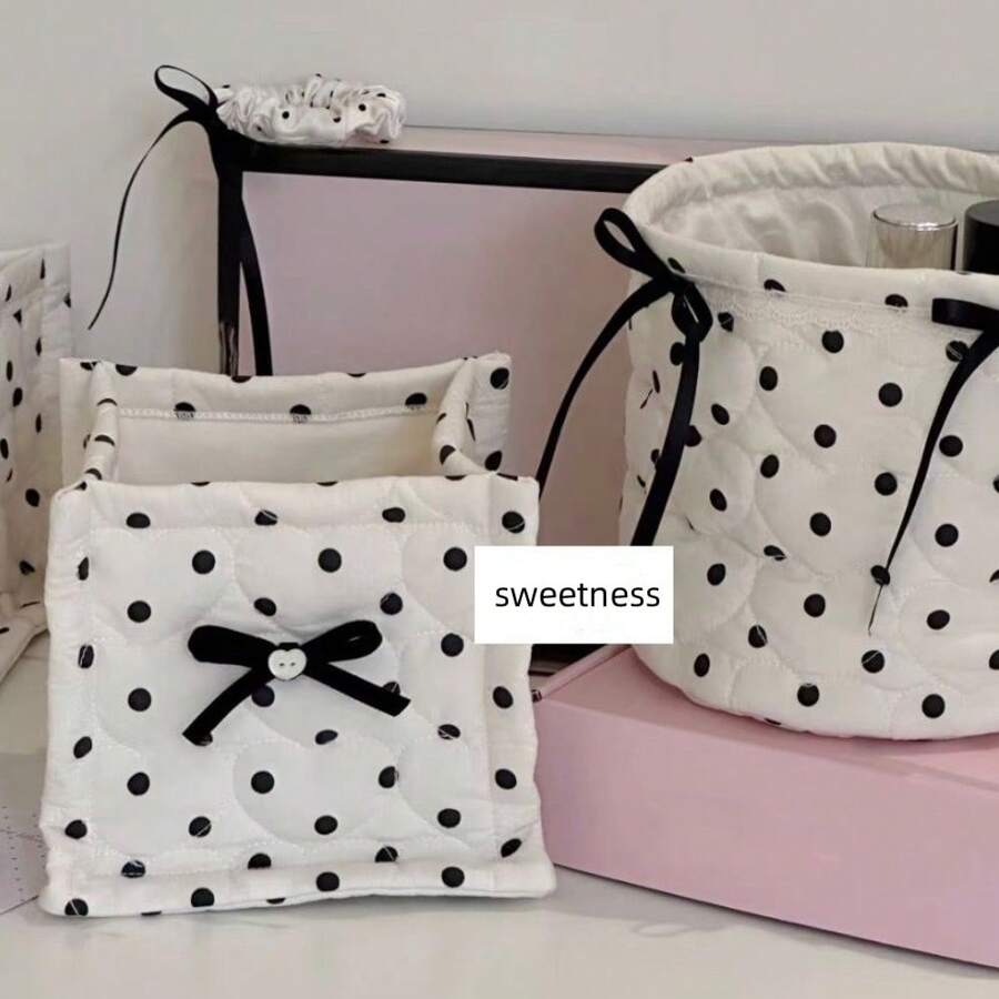 1pc Polka Dot Square/Round Desktop Storage Basket, Home Decor Table Organizer - White - View 1