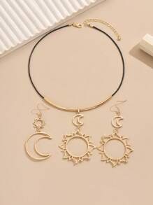 3 pièces/set Bijoux vintage de style moyen-oriental comprenant un soleil, un croissant de lune et une boucle d'oreilles et collier à motif de lune pour femmes
