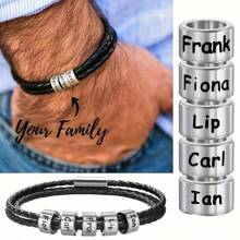 1 pieza Brazalete personalizado de piel de PU negra y acero inoxidable con grabado personalizado con su nombre/familia/nombre de pareja, regalo para familia, pareja, hombres, Día del Padre