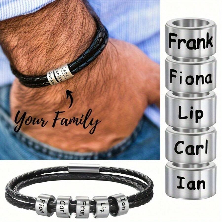1 pieza Brazalete personalizado de piel de PU negra y acero inoxidable con grabado personalizado con su nombre/familia/nombre de pareja, regalo para familia, pareja, hombres, Día del Padre