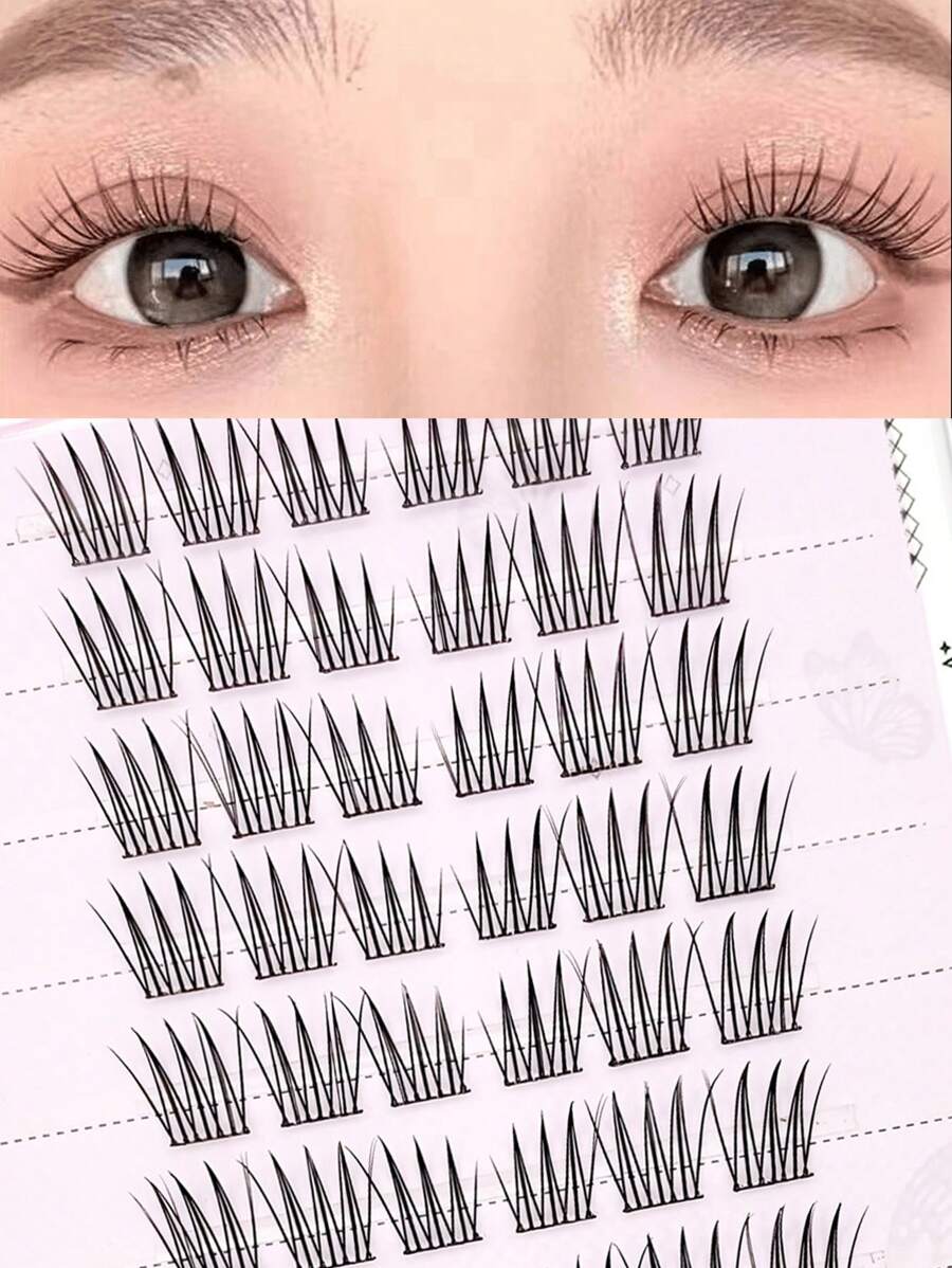 60pcs/Set Glue-Free Korean Style Idol Series False Eyelashes, Natural Cluster Look, Beginners & Slouchy Friendly - C - View 1