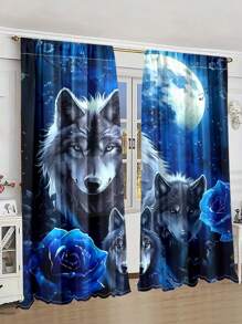 2pcs/Set Partially Sheer Window Curtains, Forest Animals Under Moonlight Pattern, Suitable For Bedroom, Living Room, Home Decor