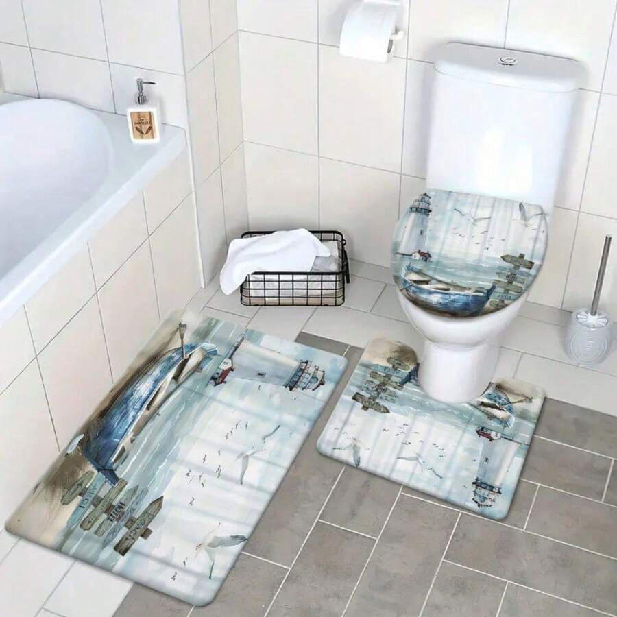 1/3pcs Nautical Coast Bathroom Set, Ocean Beach Lighthouse Shower Curtain Set With 12 Hooks, Non-Slip Carpet, Toilet U-Shaped Mat, Toilet Lid Cover Mat, Bathroom Accessories Home Bathroom Decor - 3pcs - View 1