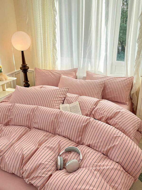 3pcs Nordic Minimalist Pink Striped Bedding Set, 2 Pillowcases + 1 Duvet Cover (Without Filler)