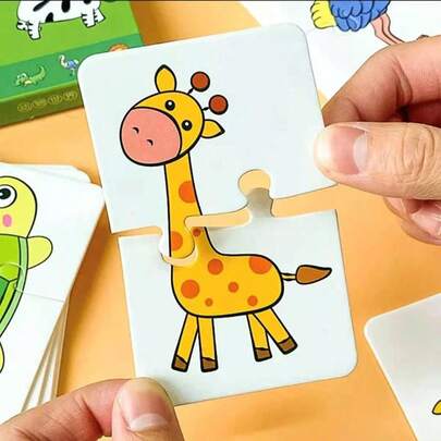 32pcs/Box Matching Card Montessori Early Education Puzzle Toy, Cartoon Jigsaw Puzzles For Animals, Colors, Shapes, Cognitive Training, Gifts, Party Games