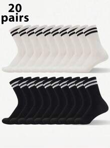 20 pares de calcetines casuales, simples, versátiles, transpirables y absorbentes del sudor de longitud media-pantorrilla unisex, calcetines de pareja