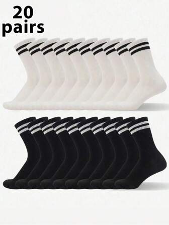 20 Pairs Unisex Casual Simple Fashionable Versatile Sweat-Absorbing Breathable Mid-Calf Socks, Couple Length Socks, Fall