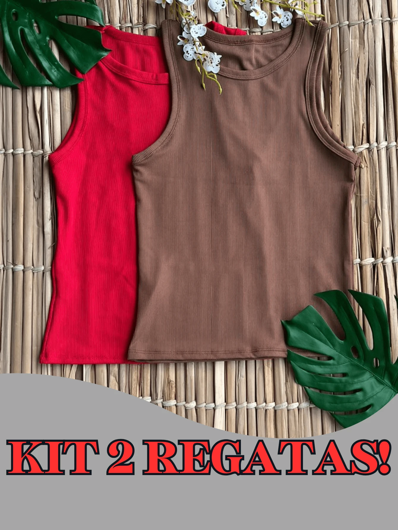 Kit 2 Women's Plain Ribbed Tank Top Basic T-Shirt Casual Sleeveless Blouse - 棕紅色 - 查看 1