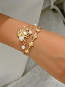 2pcs/Set Beach Vacation Style Metal Alloy Shell, Starfish & Faux Pearl Pendant Bracelet Set, Handmade Versatile Jewelry Suitable For Women's Daily, Beach, Date, Party & Music Festival Wear. The Handmade Chain Length Can Be Customized. - Multicolor - View 2