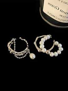 2 Chiếc Nhẫn Mở Bất Đối Xứng Chuỗi Ngọc Trai Giả Thời Trang, Đơn Giản Tối Giản Phong Cách Cổ Điển Có Thể Điều Chỉnh Dành Cho Nữ, Thích Hợp Để Đeo Hàng Ngày - Bạc - Xem 3