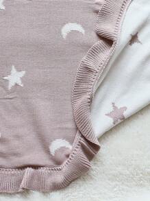 1 件婴儿棉质波浪褶边毯，精致提花月亮和星星图案，适合所有季节