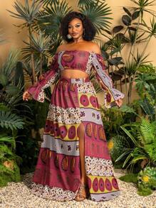 Faeriesty 加露肩长袖短款上衣和长裙休闲印花两件套度假造型和花卉印花休闲夏装和春装