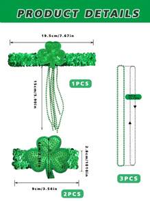6pcs Sequin Green Shamrock Headband & Bracelet Beads Set, Party Favors For St. Patrick's Day, Suitable For Celebrations Prom - Green - View 2
