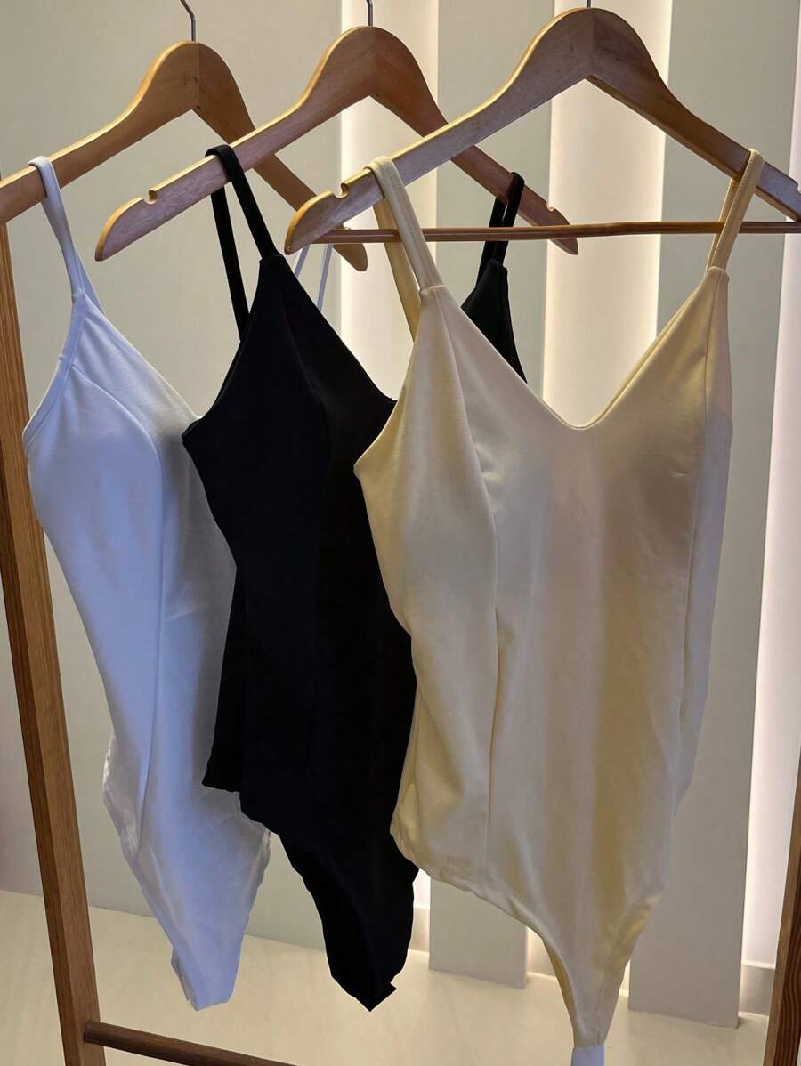 Bori Bory Women's Bodysuit Kit Suplex Shapewear Low-Cut V-Neck Thin Straps With Chic Padded Bra Various Colors Party Gift - 黑白黃 - 查看 1