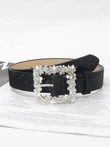 1pc Women's Crystal Embellished Buckle Shiny Sequin PU Leather Belt, Elegant And Casual For Dress And Outfit Pairing Valentines Summer, School