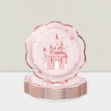 25-Pack Pink Princess Castle Paper Plates – 9" Disposable Decorative Dinner Plates For Party Tableware & Celebration Decor - Hồng - Xem 1