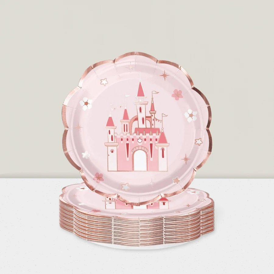 25-Pack Pink Princess Castle Paper Plates – 9" Disposable Decorative Dinner Plates For Party Tableware & Celebration Decor - Hồng - Xem 1