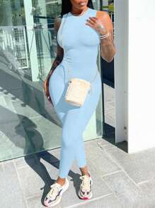 EARO Women's New Fashion Jumpsuit, Casual Splice Sleeveless High Waist Elastic Fitted Sports Romper - 淺藍色 - 查看 1