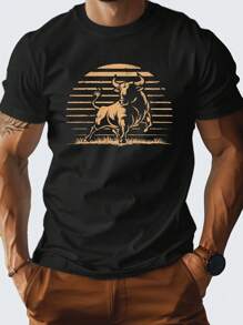 Camiseta gráfica con estampado de toros retro para hombre, camiseta informal de verano de tela transpirable, camiseta informal de manga corta con cuello redondo, 220 g, 100% algodón engrosado - Negro - Ver 1